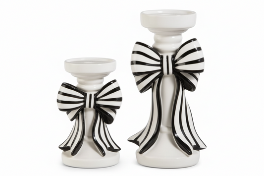 Black and White Stripe Bow Candle Holders