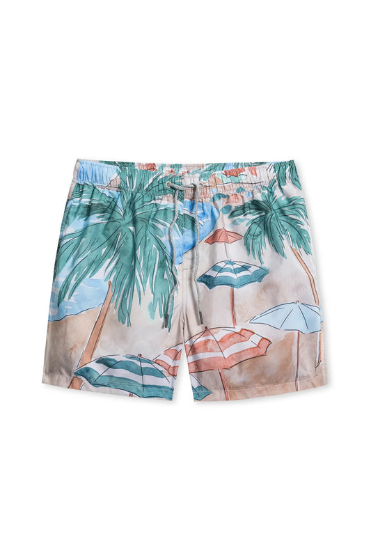 Men's Swim Short w/ Beach Scene- Tan