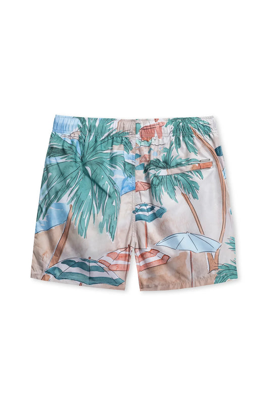 Men's Swim Short w/ Beach Scene- Tan