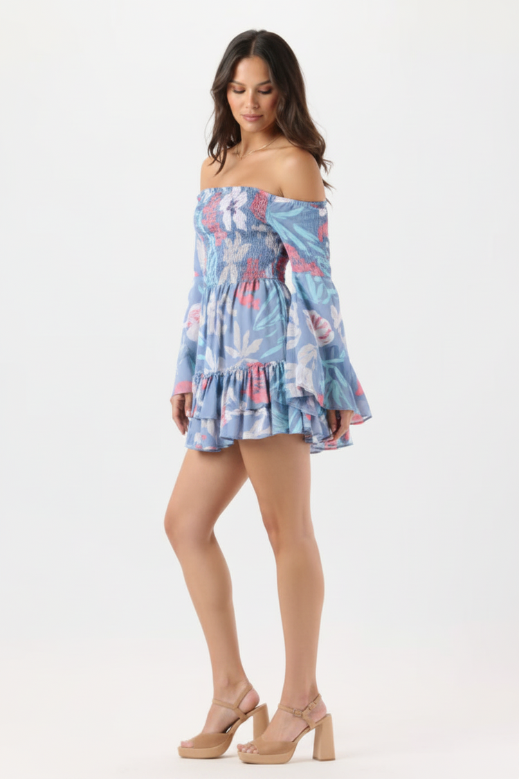 Zoe Mini Dress - Shellscapes Dusty Blue
