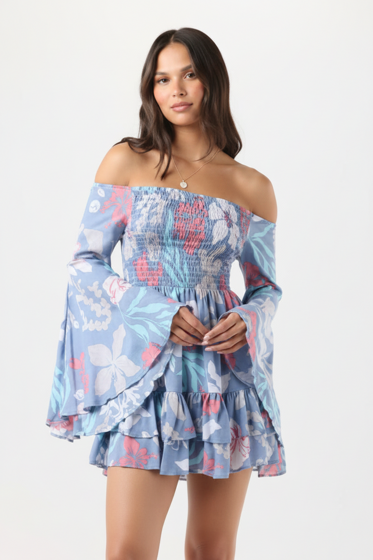 Zoe Mini Dress - Shellscapes Dusty Blue