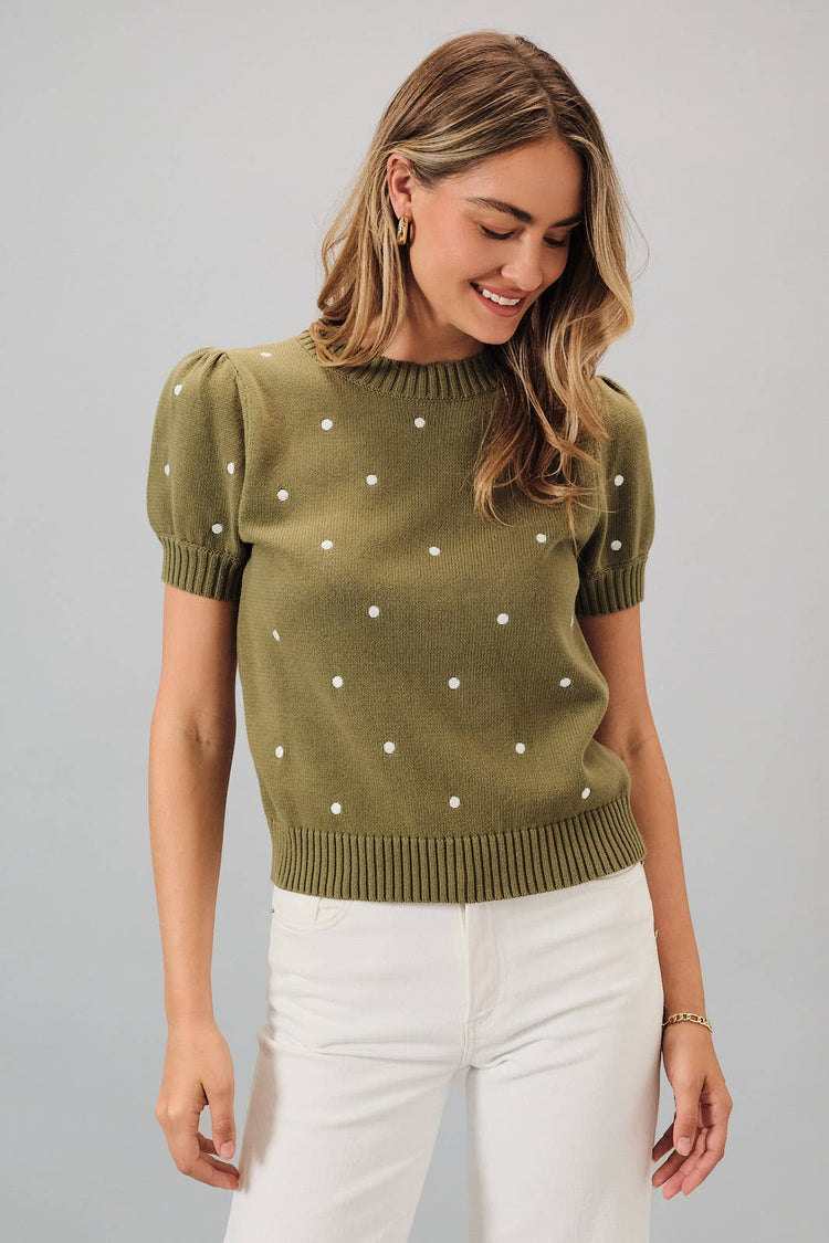 Embroidered Polka Dot Short Puff Sleeve Knit Sweater