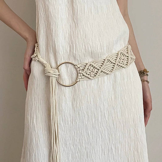 Beco - Boho Beige Braided Belt with Tassel