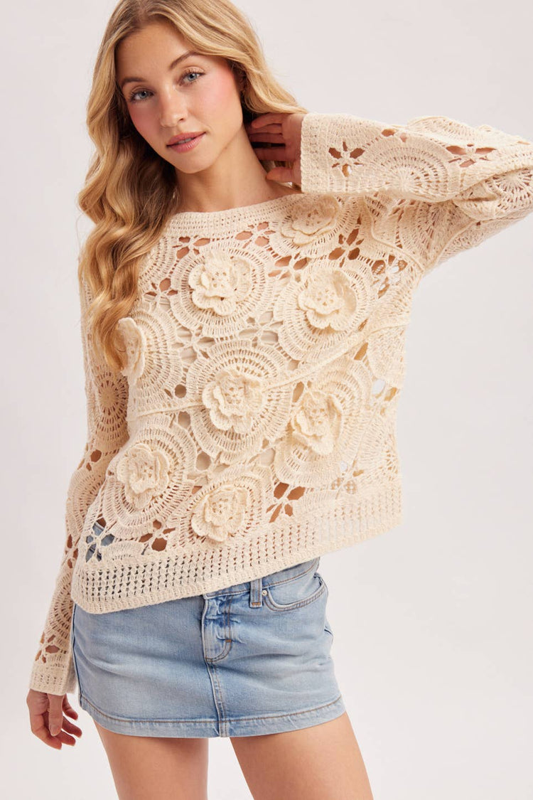 BOAT NECK OPEN-WORK FLORAL CROCHET TOP