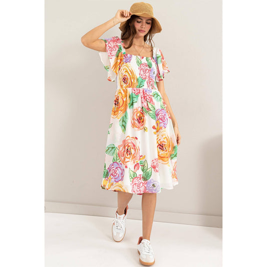 Flutter Sleeve Floral Print Dress