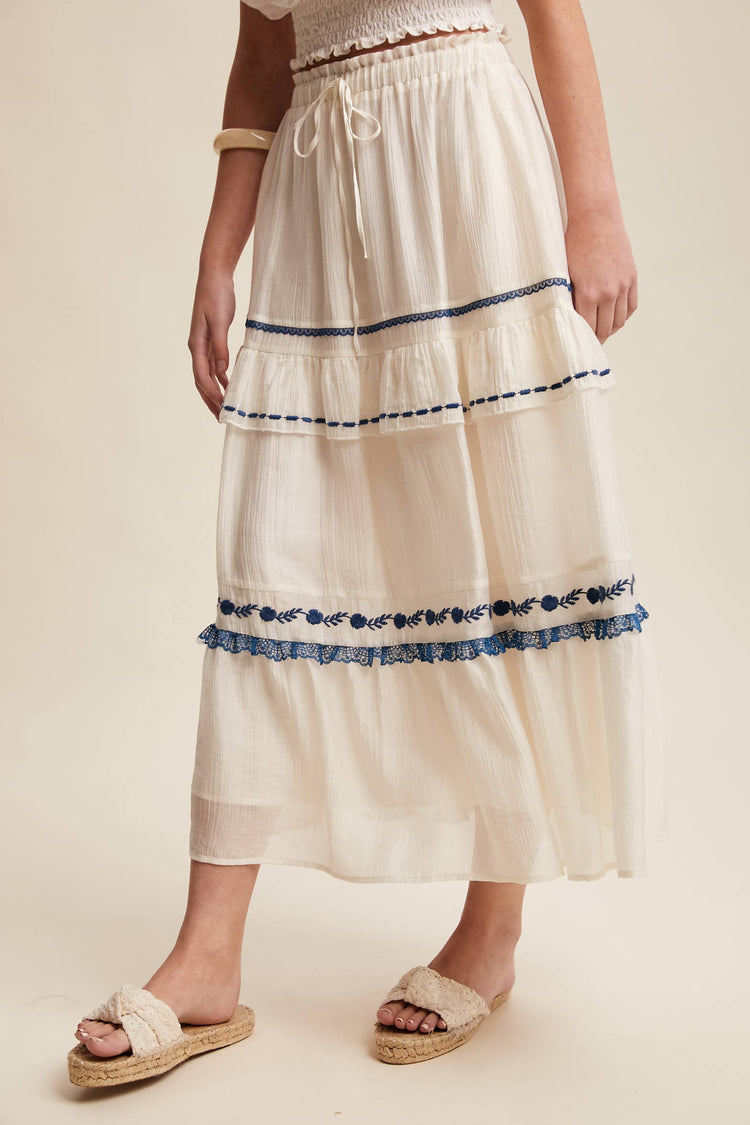 Embroidered Tiered Maxi Skirt