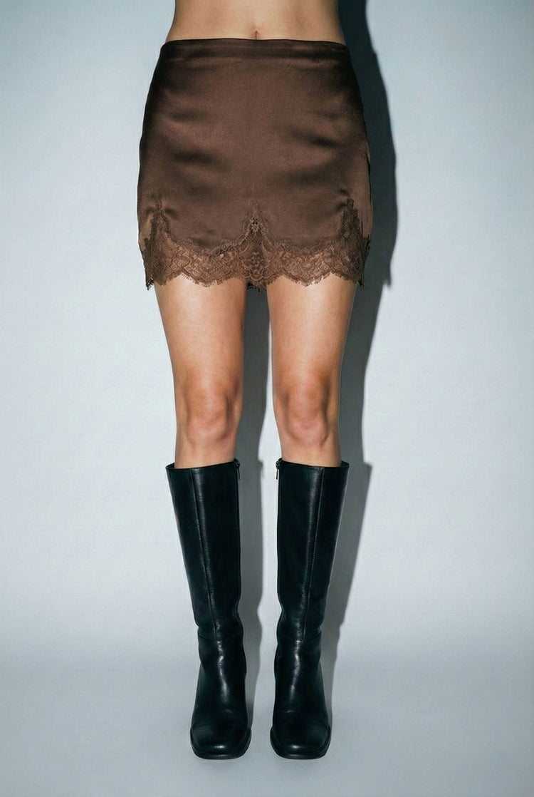Lace Trim Satin Mini Skirt