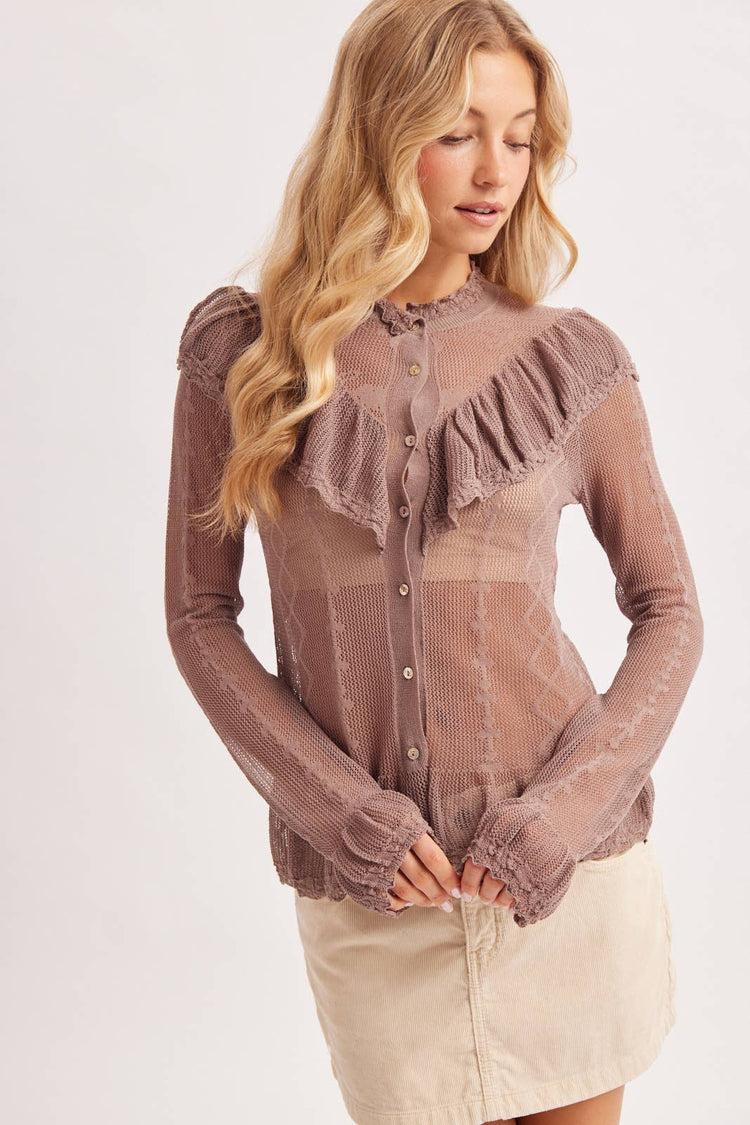 SHEER MOCK NECK BUTTON DOWN RUFFLED OPEN KNIT TOP NO LINING