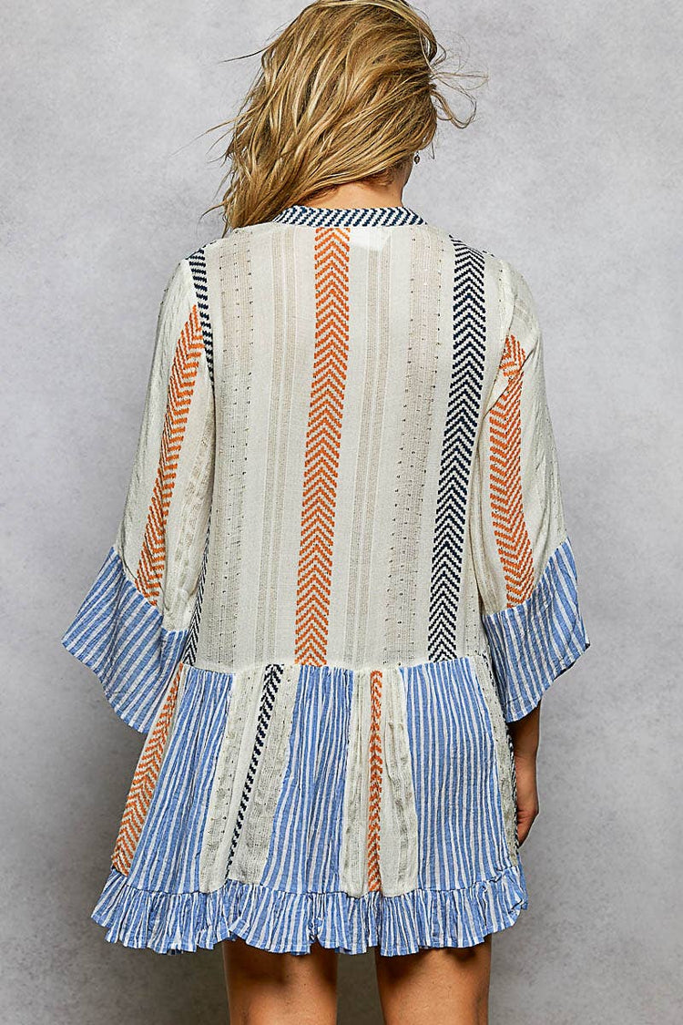 V-neck 3/4 Sleeve Printed Woven Cotton Embroidered Dress