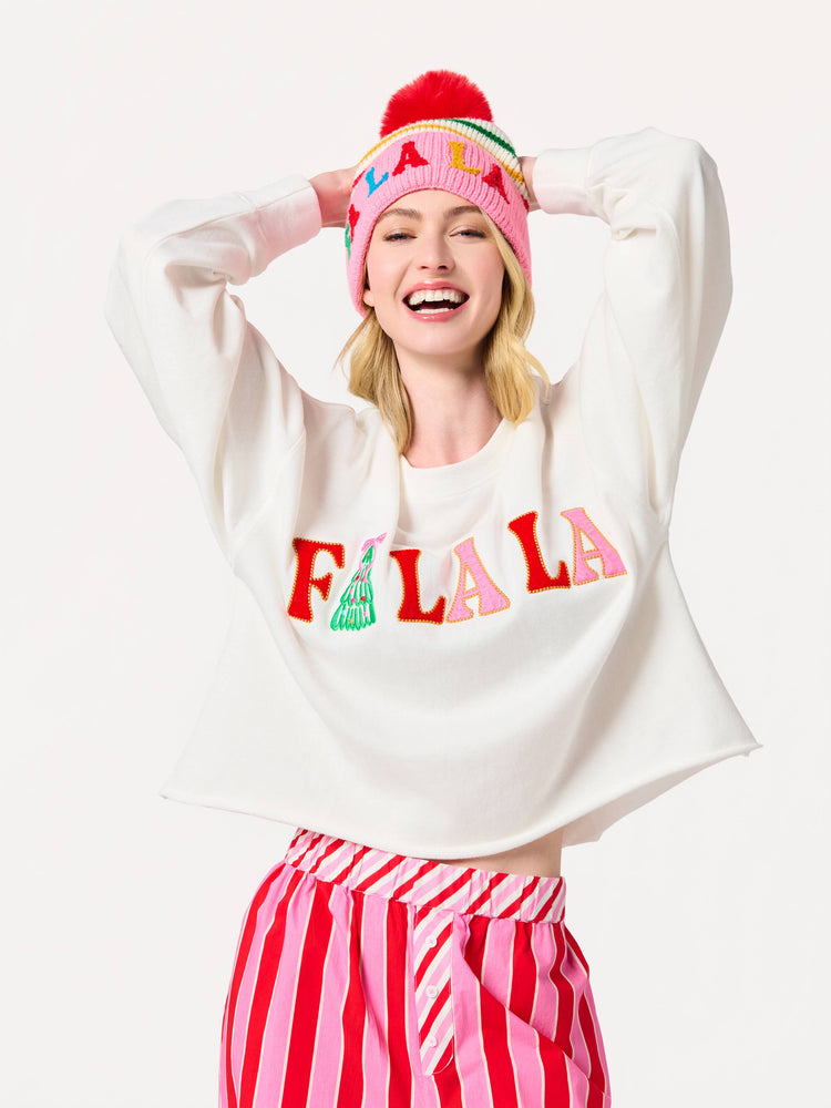 "FA LA LA" STRIPED BEANIE, PINK