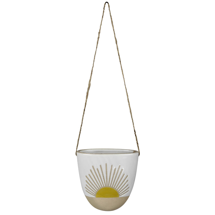 Hanging Vase with Sun, Ceramic.  12” jute hanger