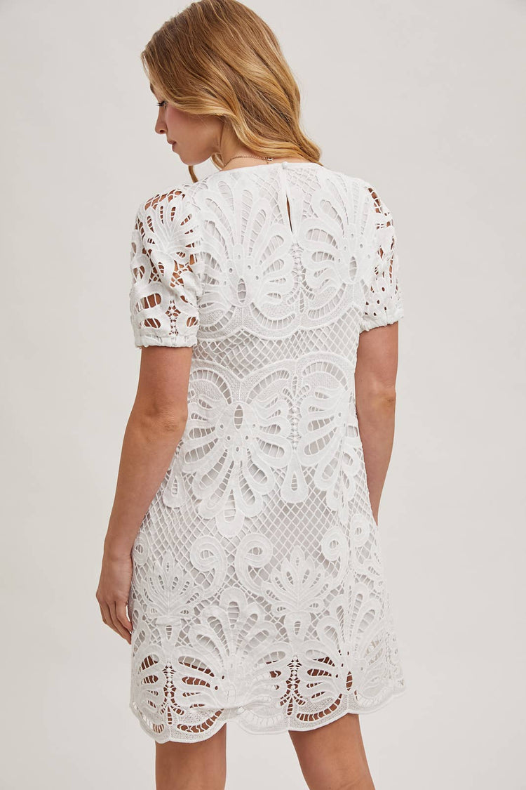 PUFF SLEEVED CROCHET DRESS WITH LINING