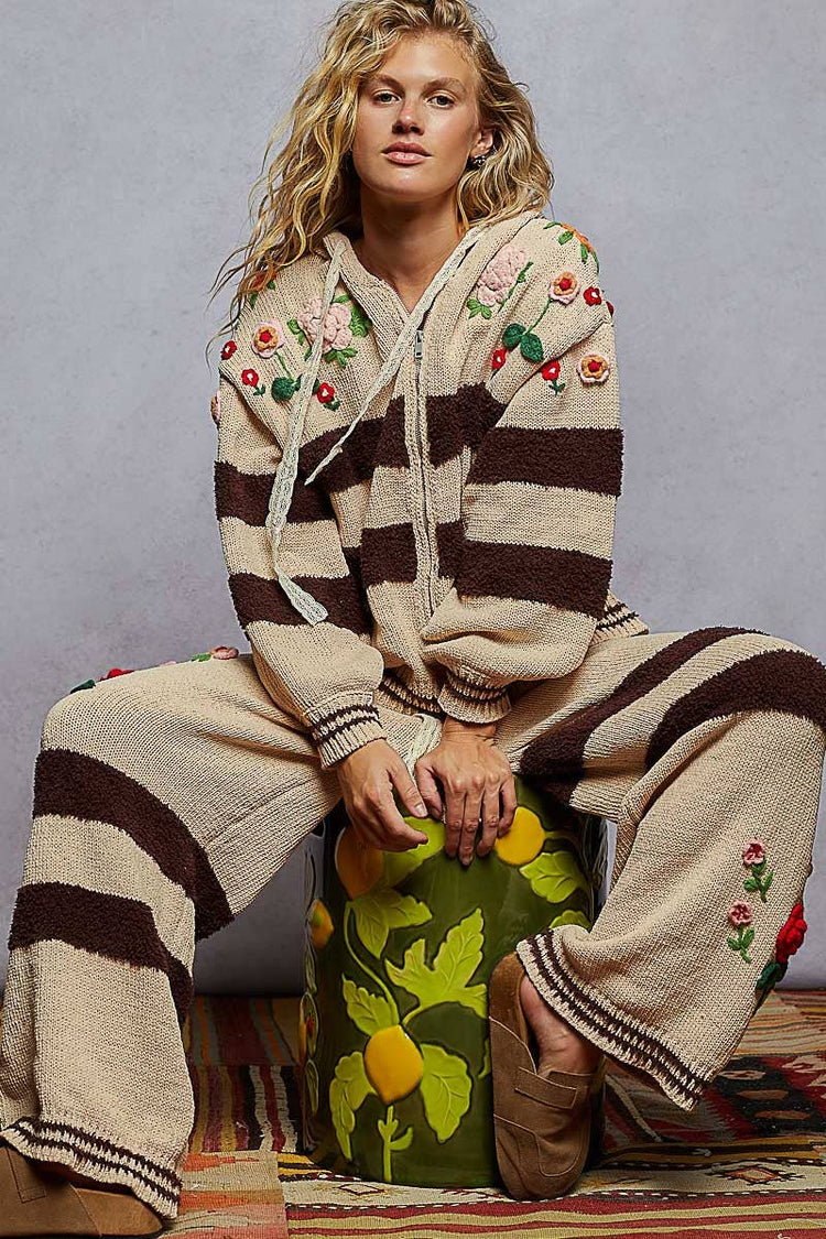 Striped pattern 3D embroidered hoodie zip-up sweater top