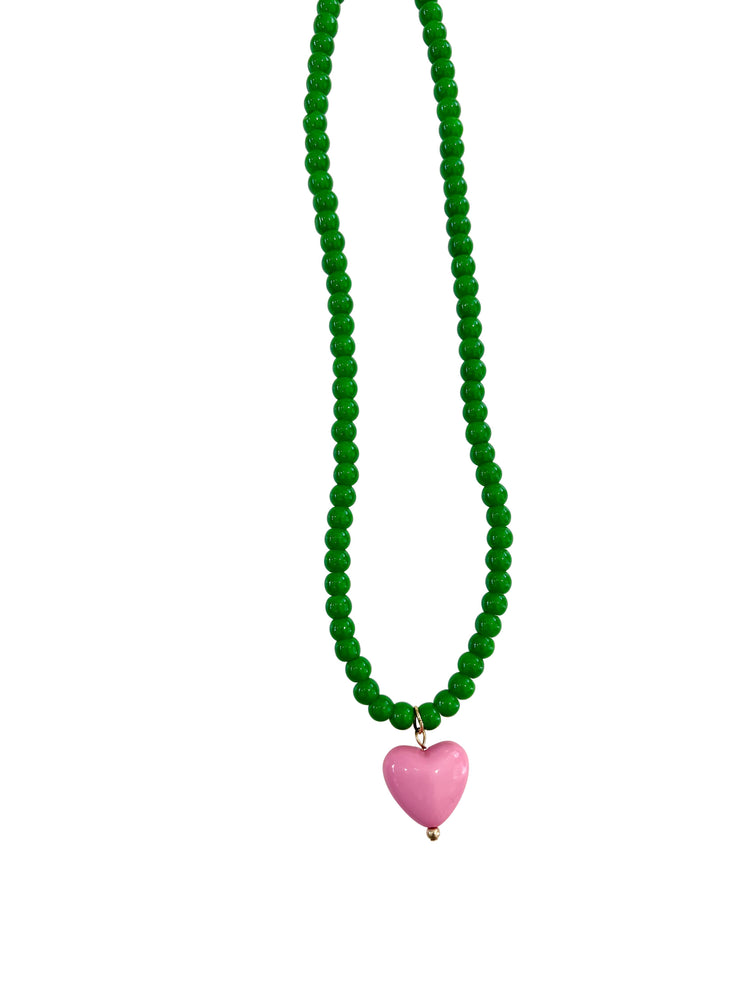 Pippa Green Beaded Necklace with Heart Charm