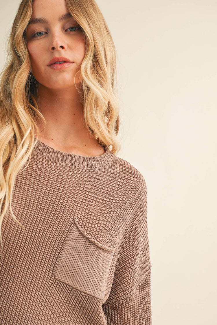 FRONT-POCKET PURL KNIT SWEATER TOP