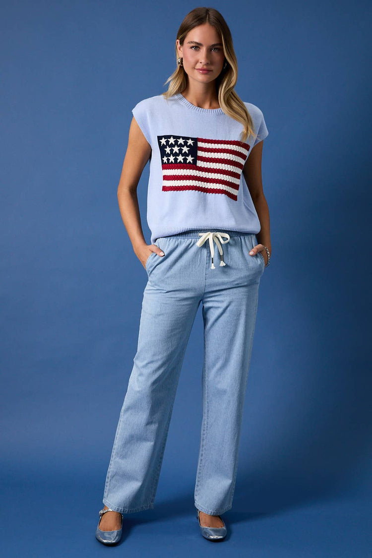 ROUND NECK WIDE SHOULDER USA FLAG SWEATER