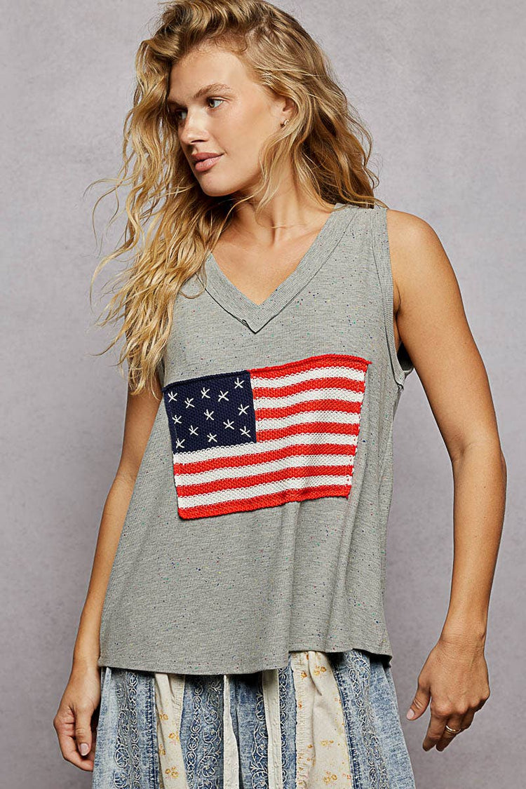 Handmade American Flag Patch Rib V-Neck Sleeveless Top