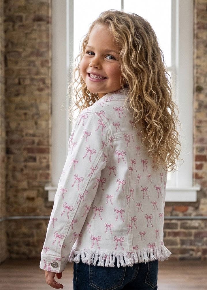 Coquette Pink Bow White Fringe Button Denim Jacket