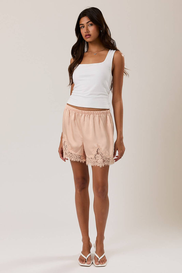 ELASTIC WAIST MID RISE LACE TRIM SHORTS