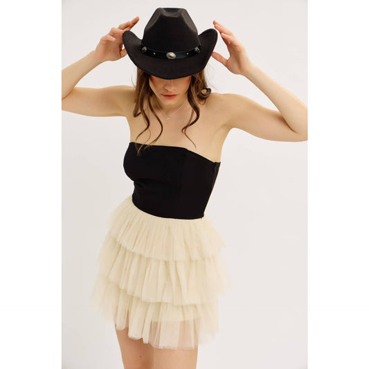 ROOFTOP NIGHT OUT STRAPLESS TIERED MESH ROMPER