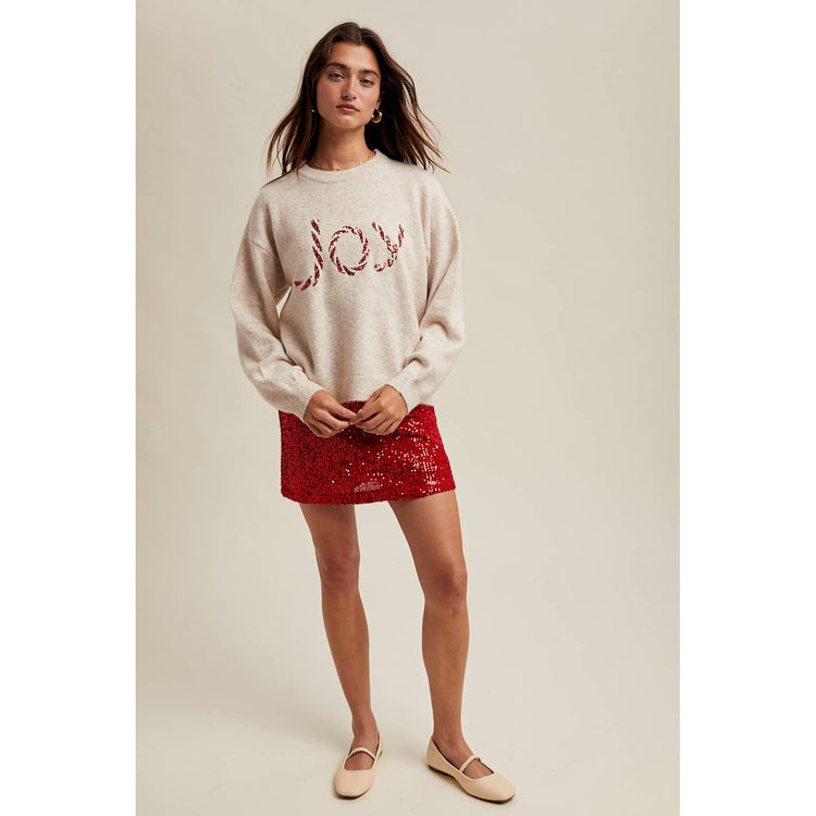 'JOY' SEQUIN CANDY CANE SWEATER