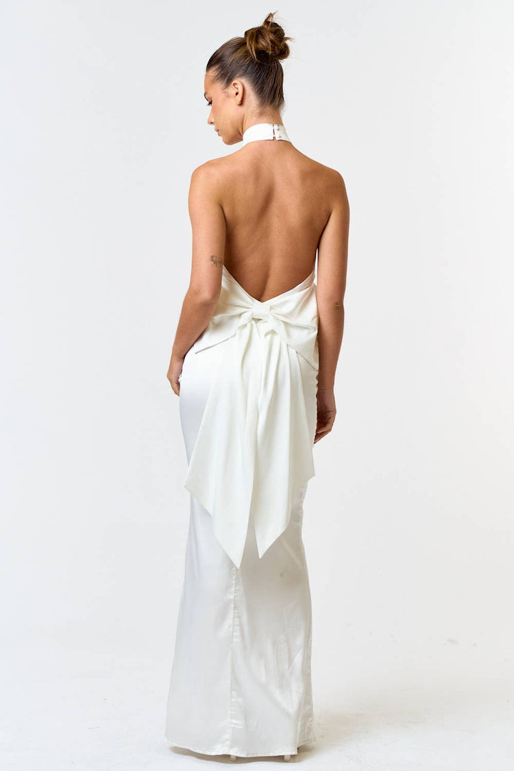 Satin Halter Maxi with Backless Bow