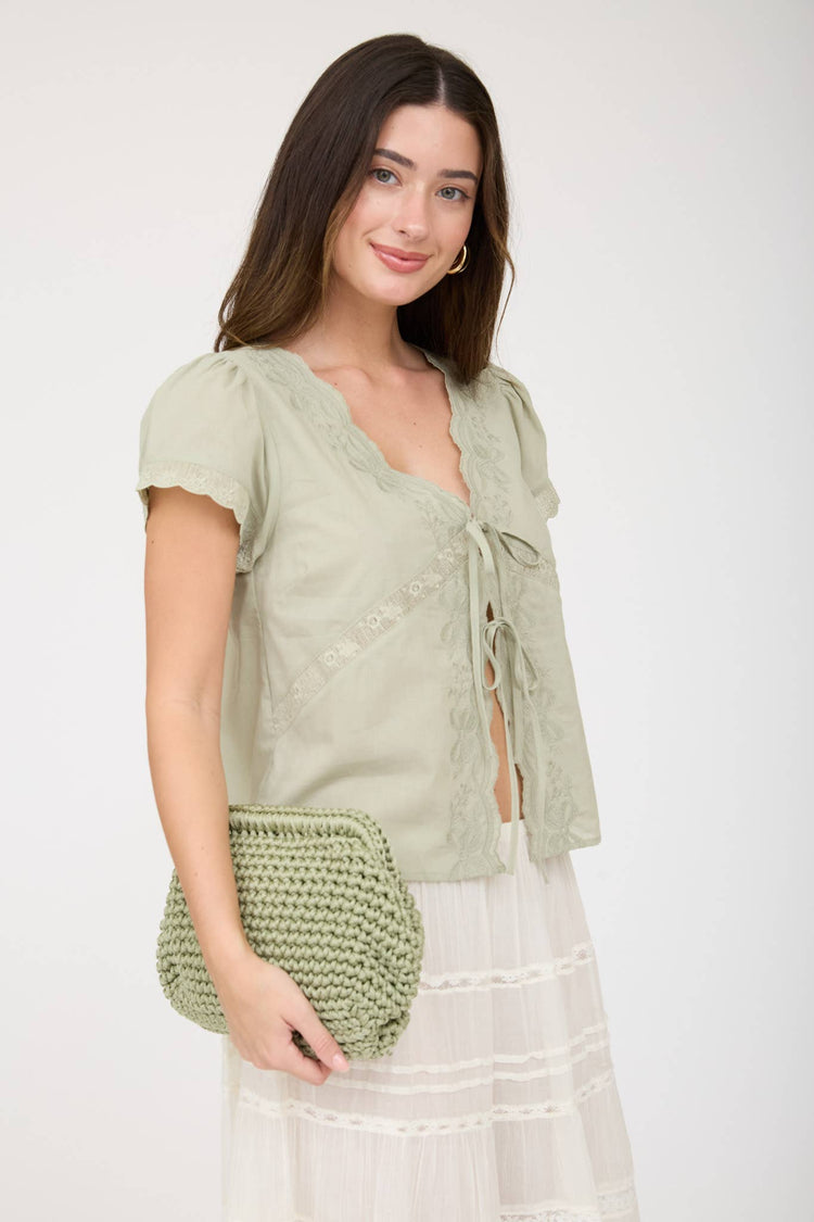 SCALLOPED EMBROIDERED FRONT TIE LACE TRIM TOP