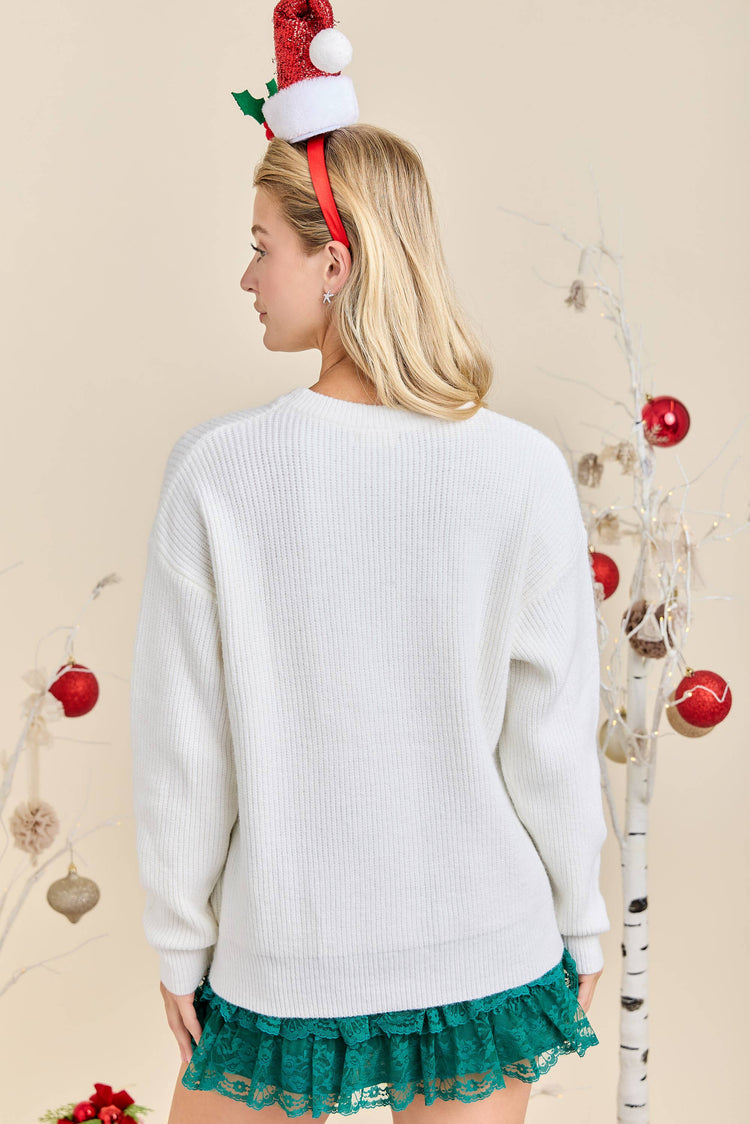 Merry Embroidered Christmas Wreath Sweater Knit Top