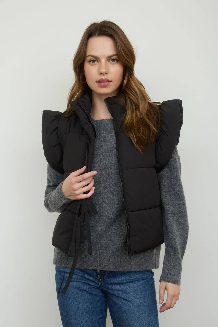 FLUTTER SLEEVE BOW DETAIL ZIP-UP PUFFER VEST