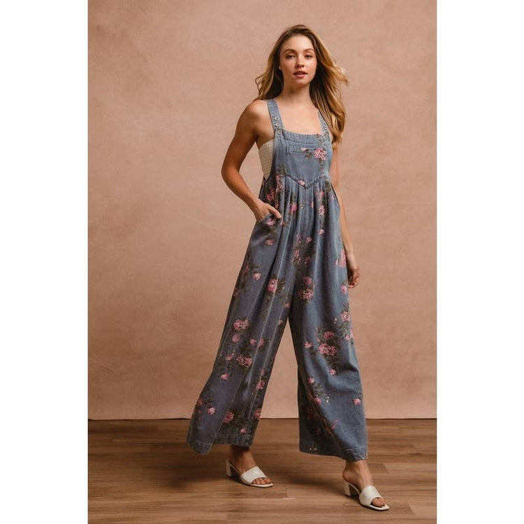 Flower Print Washed Denim Overalls