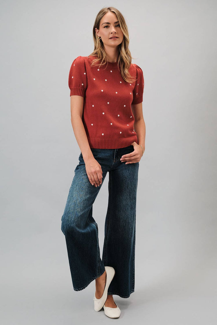 Embroidered Polka Dot Short Puff Sleeve Knit Sweater