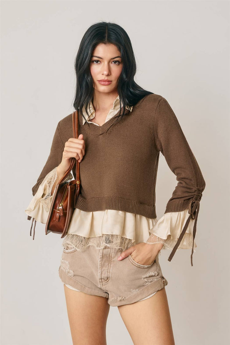 Satin Lace Shirt Insert Sweater (1)