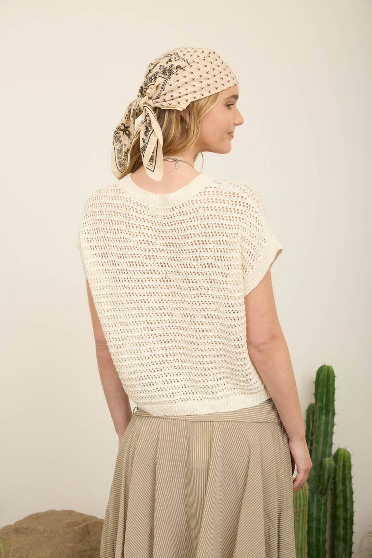 LACE UP NECKLINE CROCHET KNIT SHORT SLEEVE TOP