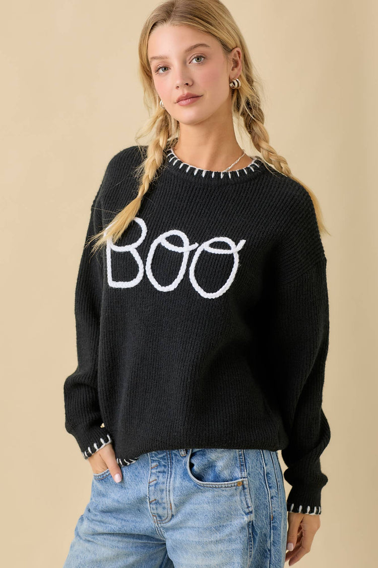 Halloween "Boo" Sweater With 3D Braided Writing