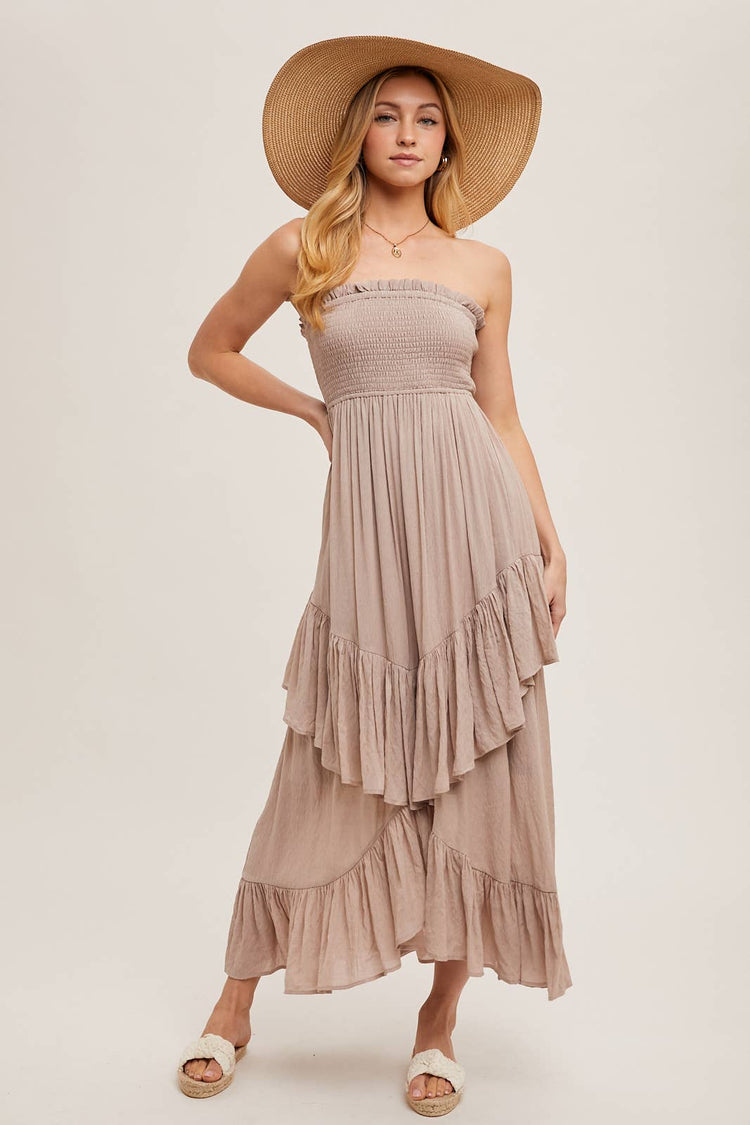 Boho Smocked Strapless Tiered Ruffle Midi Dress