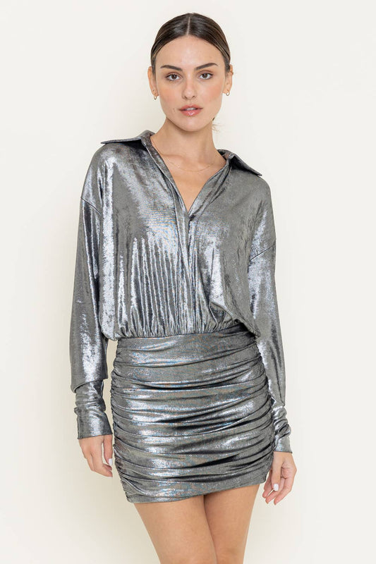 METALLIC COLLAR SHIRT STYLE RUCHED MINI DRESS