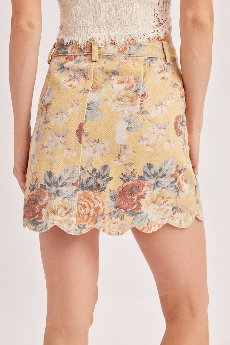 VINTAGE FLORAL PRINT BUTTON DOWN SCALLOPED HEM MINI SKIRT