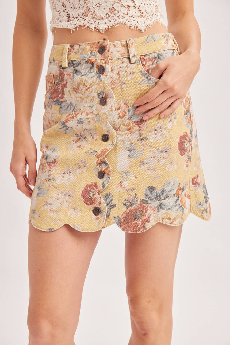 VINTAGE FLORAL PRINT BUTTON DOWN SCALLOPED HEM MINI SKIRT