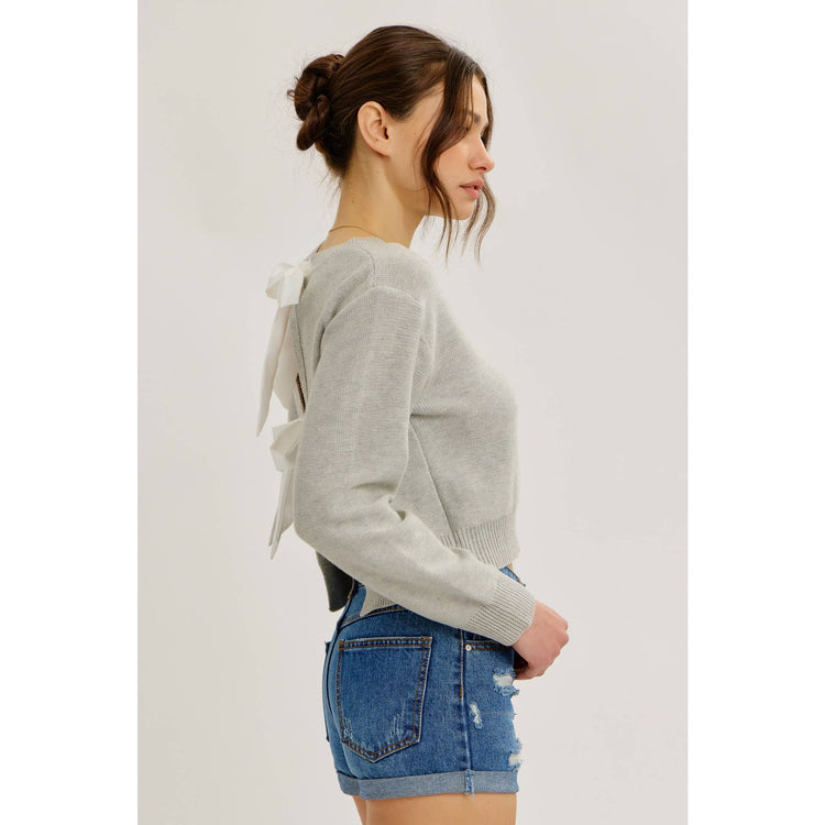 CONTRAST BOW TIE BACK SWEATER TOP WITH ROUND NECK