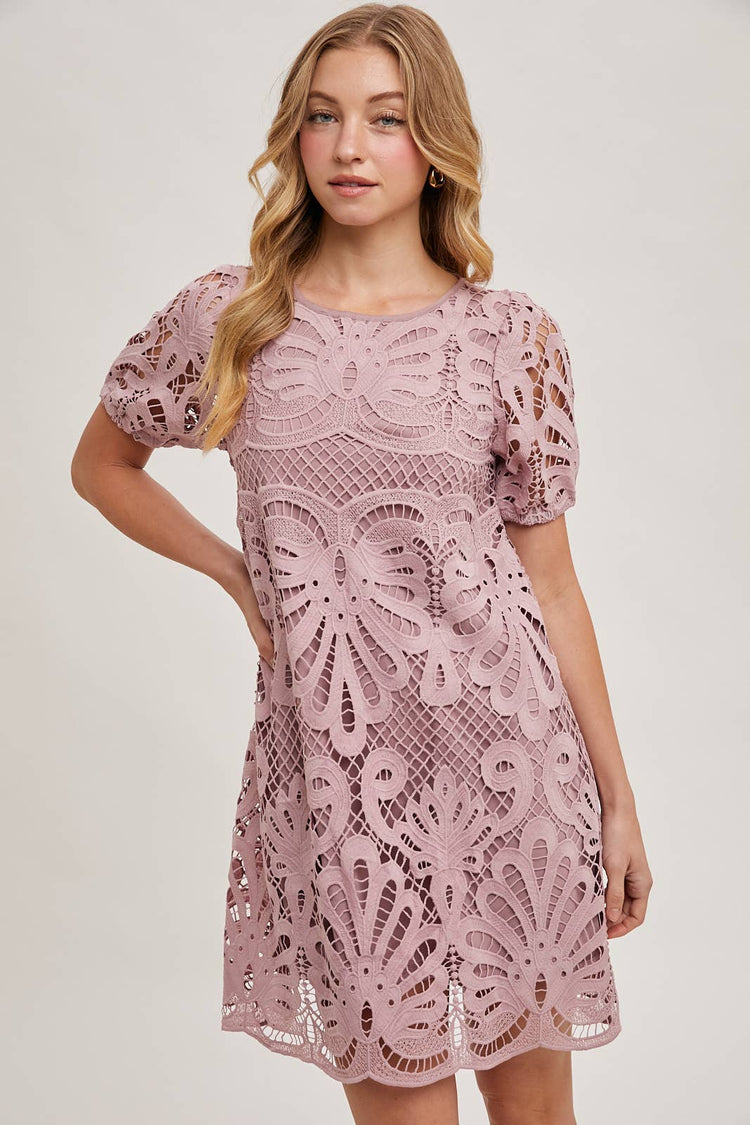 PUFF SLEEVED CROCHET DRESS WITH LINING