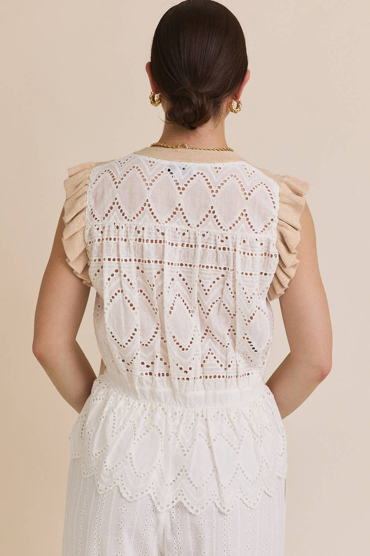 ROUND NECK RUFFLE SLEEVE WOVEN & KNIT MIX TOP