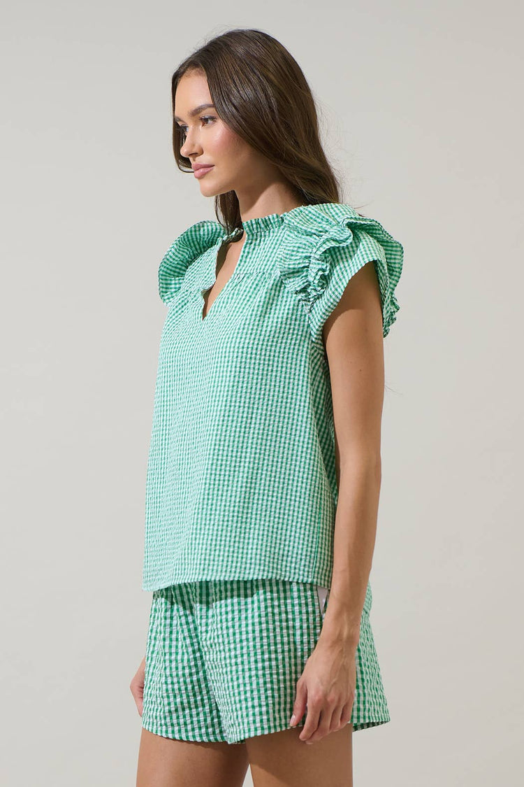 Tamara Checker Ramona Ruffle Split Neck Top