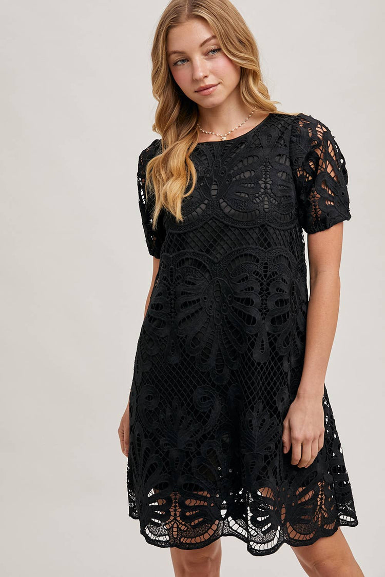 PUFF SLEEVED CROCHET DRESS WITH LINING