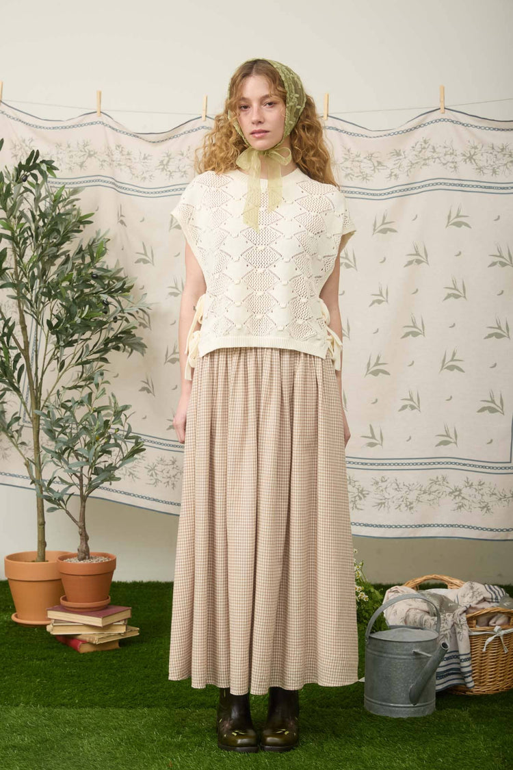 CLIP DOT SHORT SLEEVE SIDE TIE CROCHET SWEATER