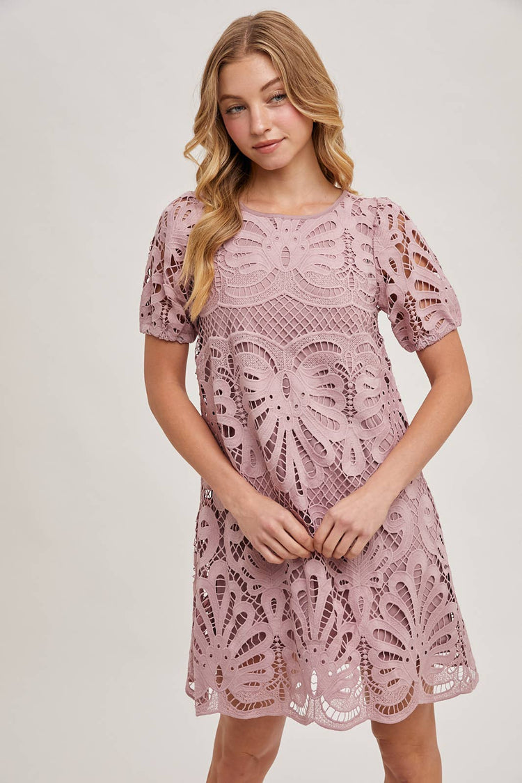 PUFF SLEEVED CROCHET DRESS WITH LINING