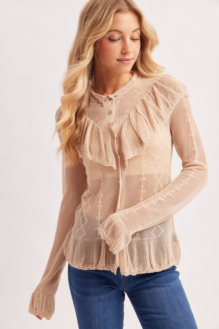 SHEER MOCK NECK BUTTON DOWN RUFFLED OPEN KNIT TOP NO LINING