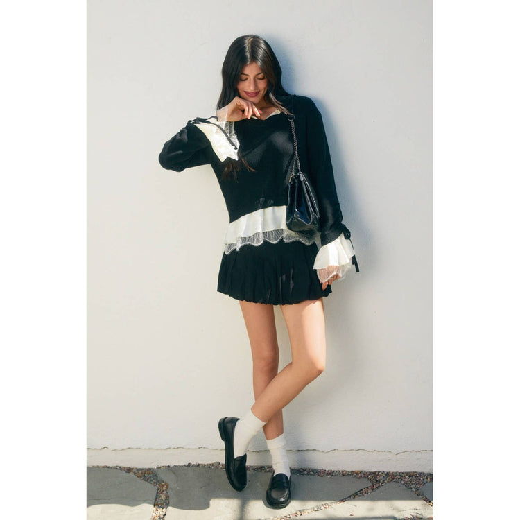 Satin Lace Shirt Insert Sweater (1)