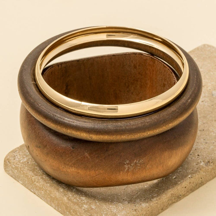 Wood And Metallic 3 Piece Bangle Bracelet Set