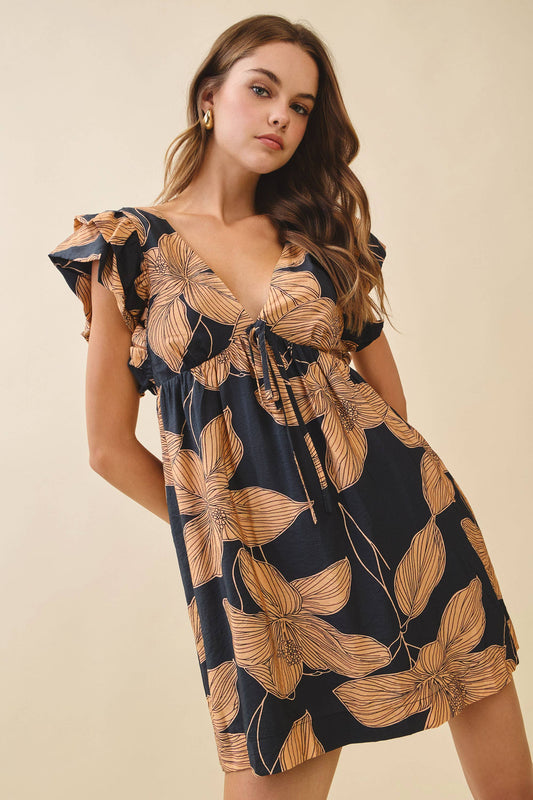 Floral Print Plunging V Neck Empire Waist Dress