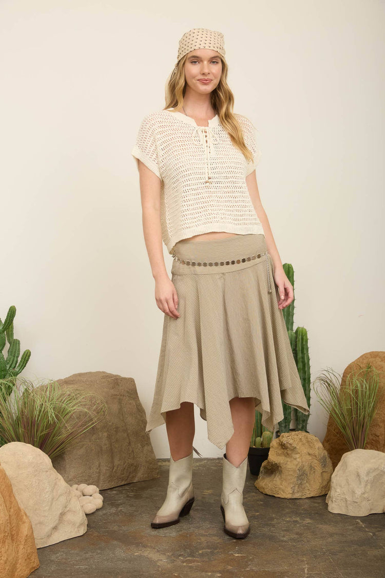 LACE UP NECKLINE CROCHET KNIT SHORT SLEEVE TOP